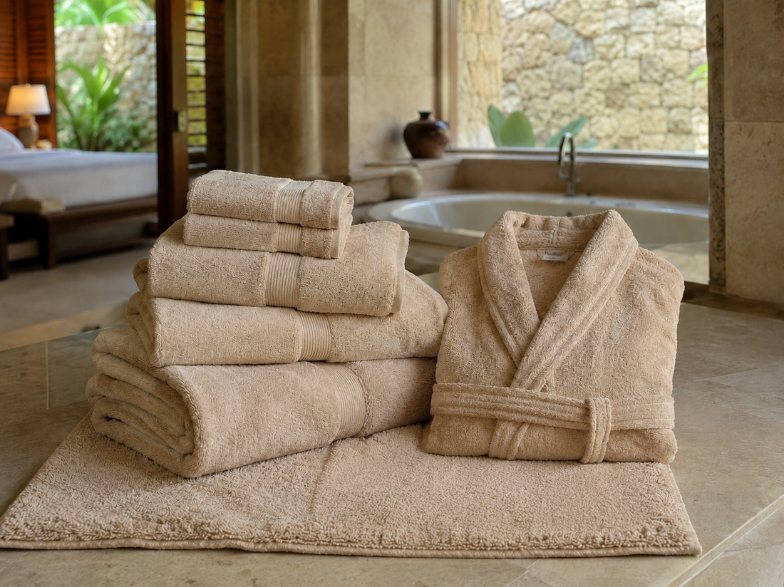 Natural undyed Egyptian cotton hotel towels, bathmat and terry bathrobe in a light-beige tone.