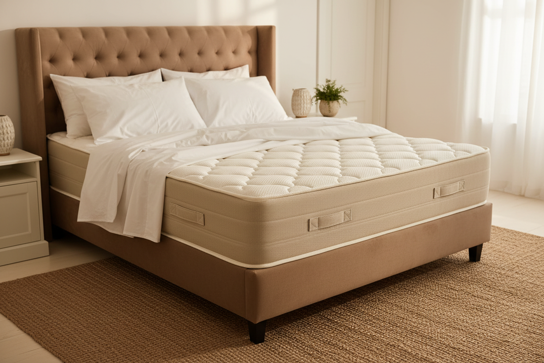 Premium hotel mattress with quilted white surface and tall profile in a Zanzibar boutique hotel room — Atlas Hospitality Supply, Zanzibar's specialist hotel mattress supplier