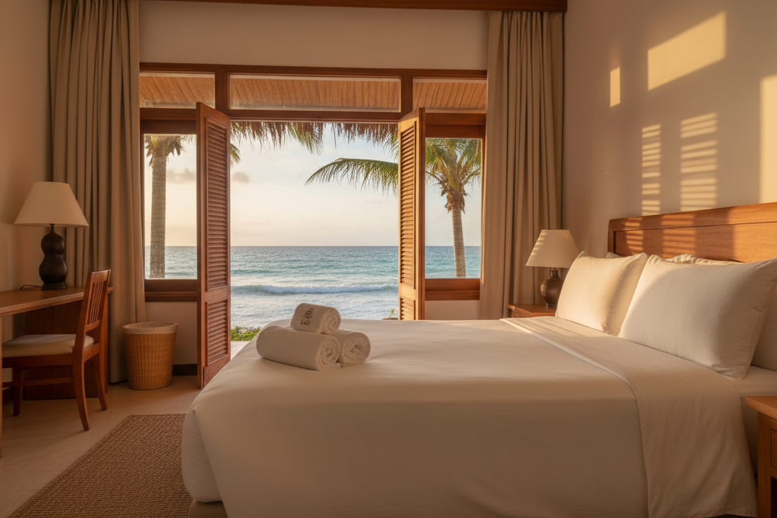 Luxury Zanzibar hotel room with premium white Egyptian cotton bed linen and ocean view — Atlas Hospitality Supply